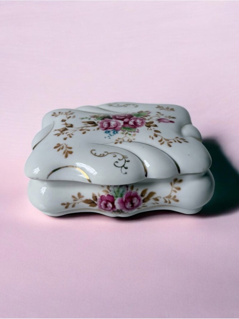 Porcelain Floral Trinket Box with Pink Rose Motif Japan vintage